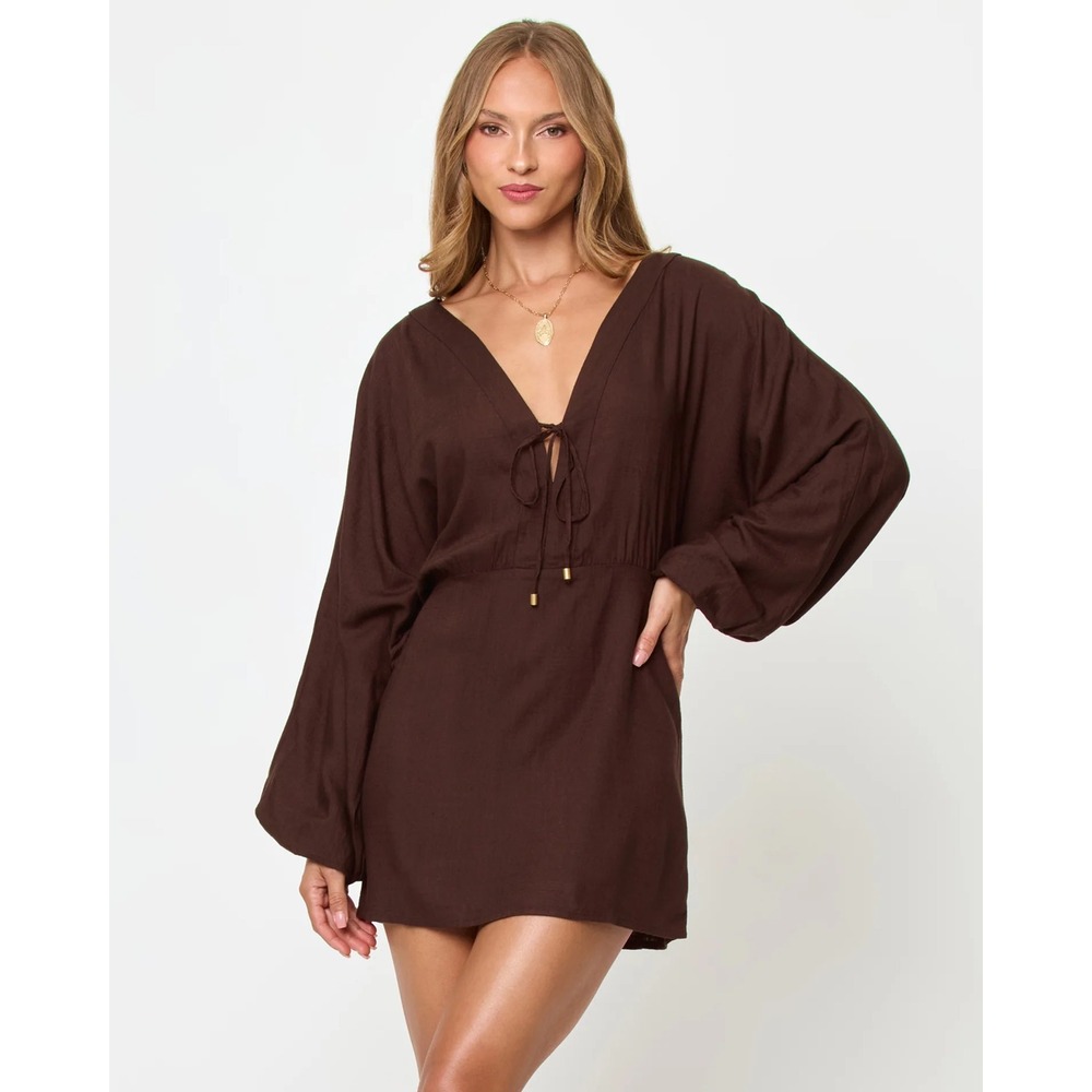 L*Space Brown V-Neck Balloon Sleeve Mini Dress Coverup Size Medium